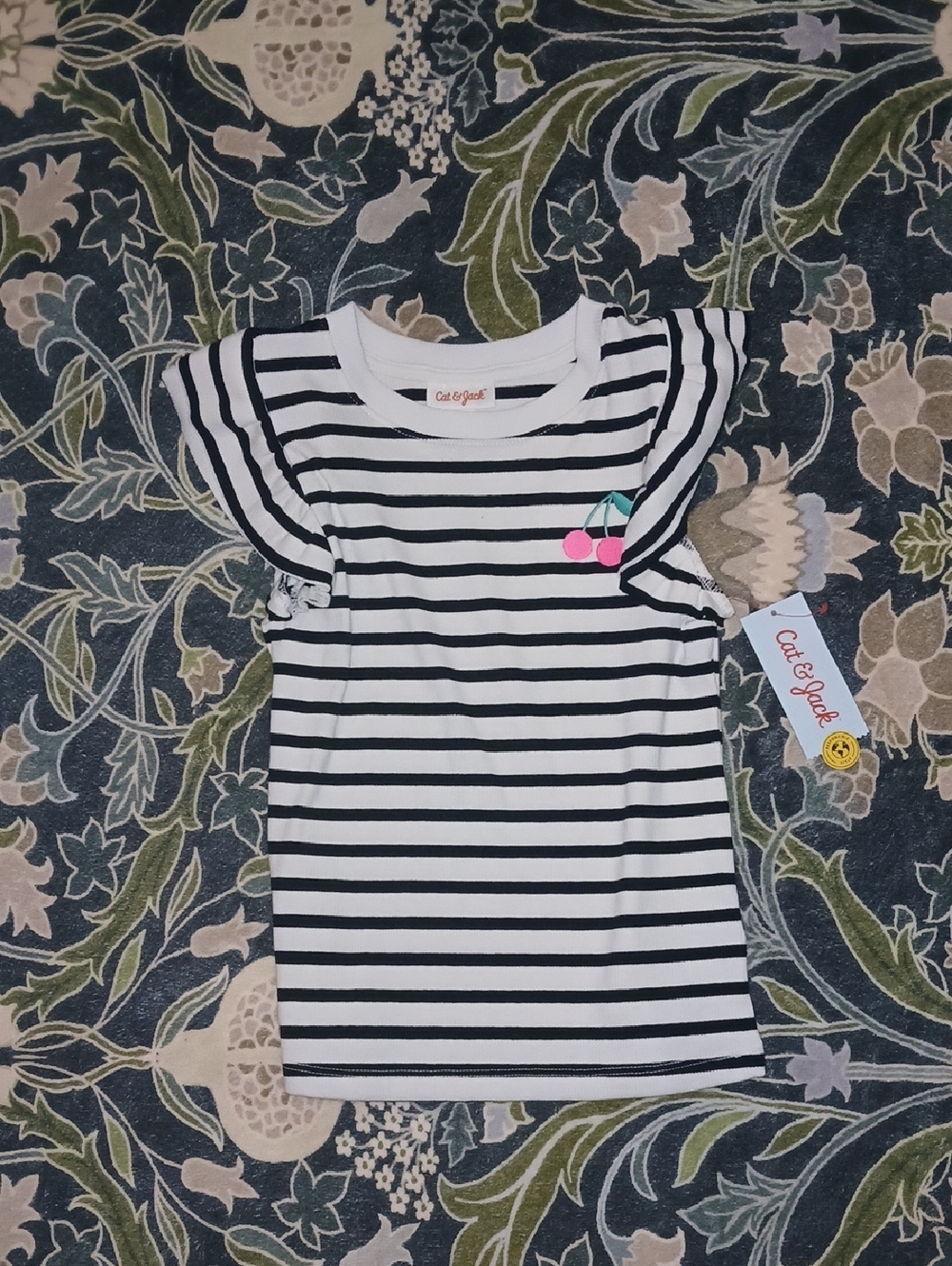 Cat & Jack Striped Flutter Sleeve Tee with Cherry Patch
